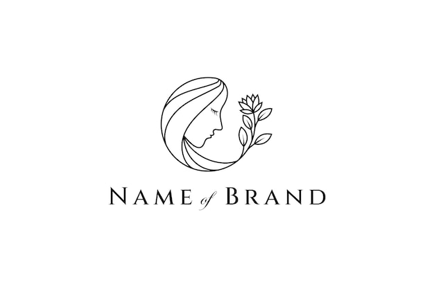 Beautiful woman with floral decoration simple flat line logo vector icon template