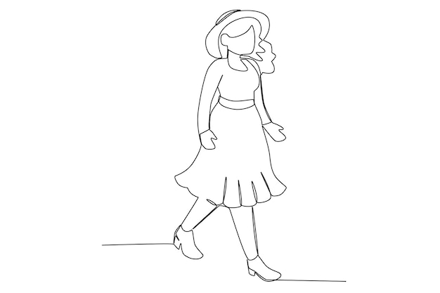 A beautiful woman with a hat walking one line art