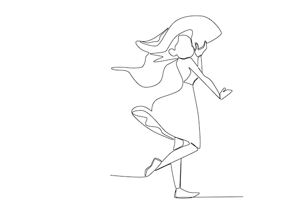 A beautiful woman with a hat walking on a windy day one line art