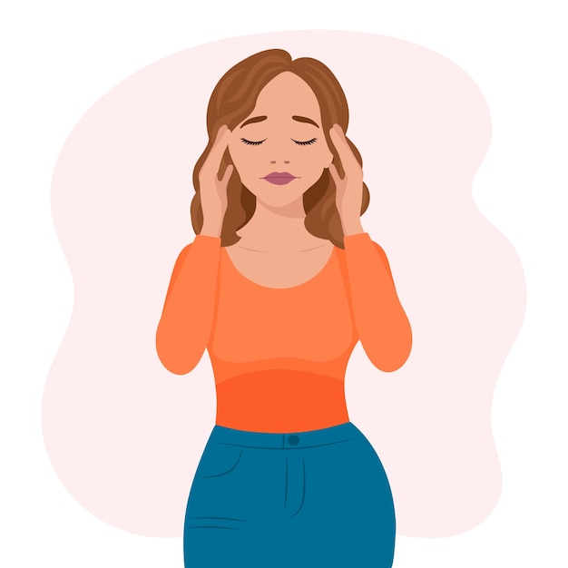 Beautiful woman with a headache. migraine. The concept of medicine and healthcare. Flat illustration