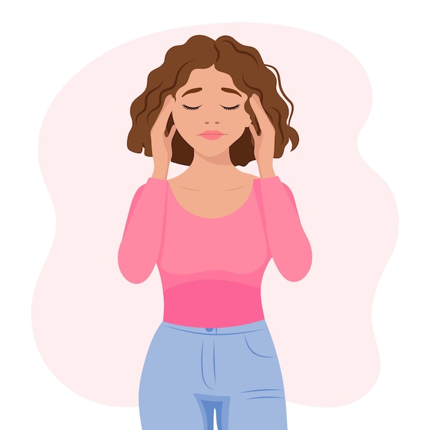 Vector beautiful woman with a headache. migraine. the concept of medicine and healthcare. flat illustration