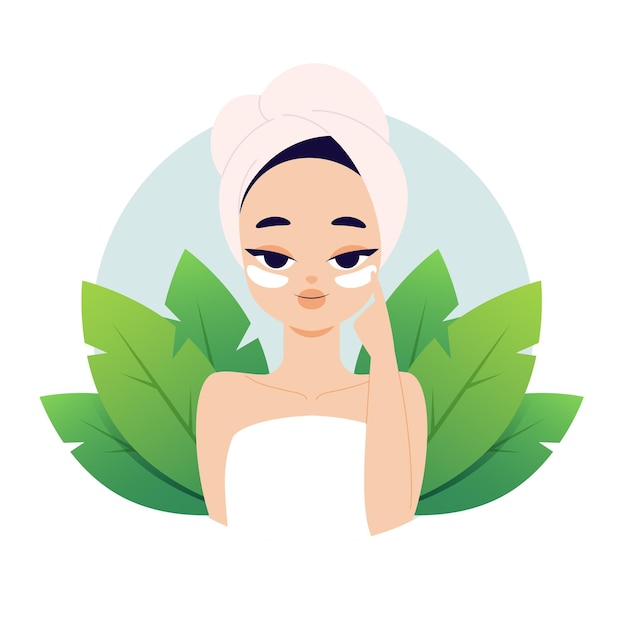 Beautiful woman with a towel on her head takes care of skin of her face