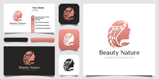 Beautiful womans face flower logo and business card design design concept for beauty salon and spa