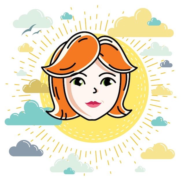 Beautiful women face, human head. Vector character, attractive redhead lady face features.