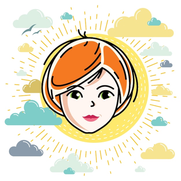 Beautiful women face, human head. Vector character, attractive redhead lady face features.