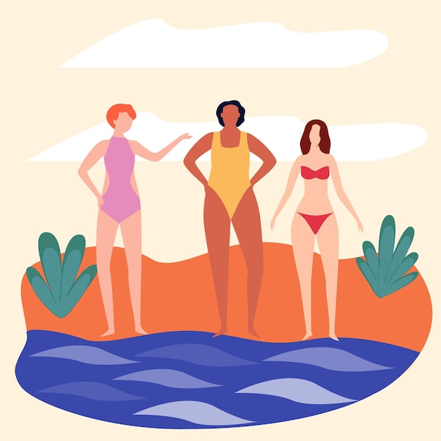 Beautiful women in trendy colorful swimsuits are chatting on the beach Flat vector illustration