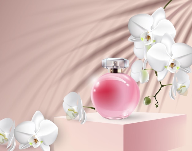 Beautiful womens perfume Podium pink  a branch of a white Orchid and a shadow of a palm leaf