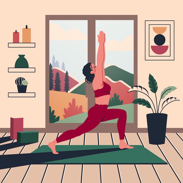 Beautiful yoga woman at home Young yoga girl stretches indoor Female character does meditation breathing practice in room Interior design Vector flat cartoon illustration of healthy lifestyle