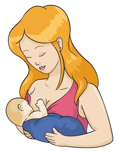 Beautiful young blond haired mother with her baby in arms breastfeeding it