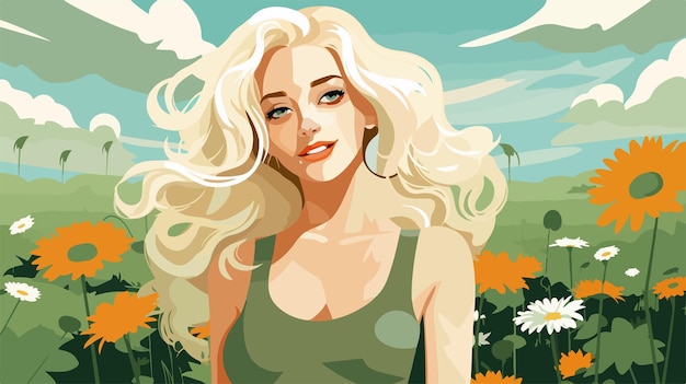 Vector beautiful young blonde girl in green environment