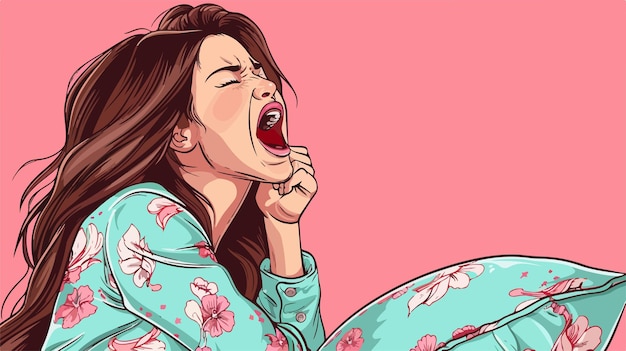 Vector beautiful young brunette woman in pajamas yawning with pillow