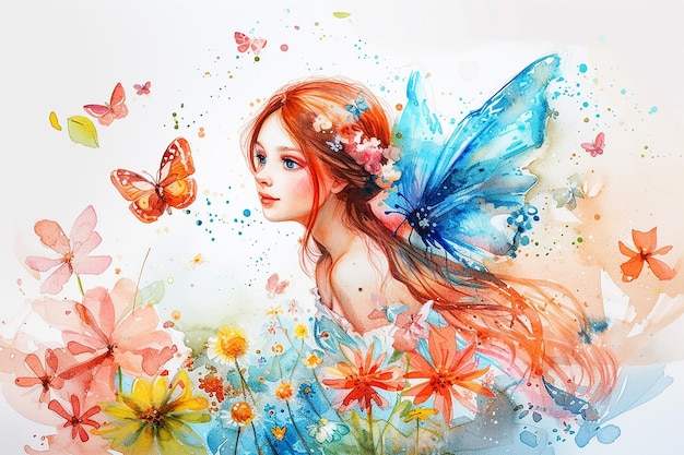 Beautiful young Fairy and flowers with butterfly watercolor oil painting illustration