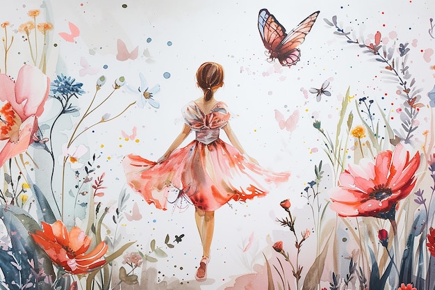 Vector beautiful young fairy and flowers with butterfly watercolor oil painting illustration