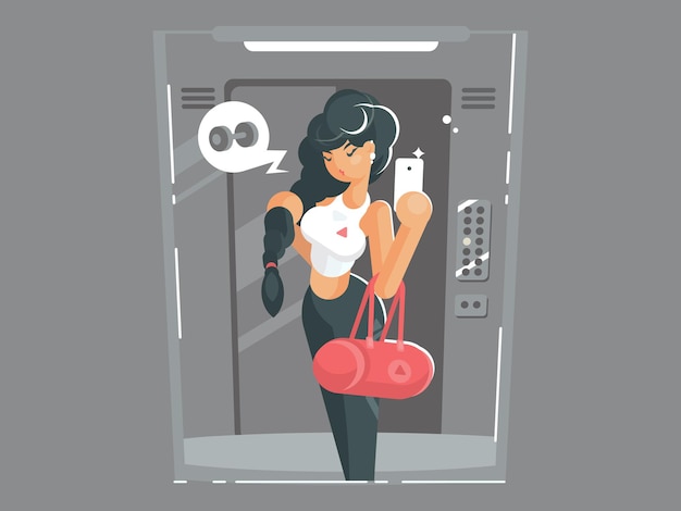 Vector beautiful young girl doing selfie in elevator using smartphone.  illustration