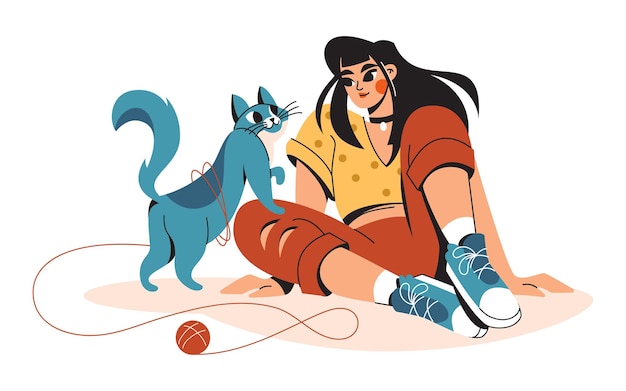 Vector beautiful young girl playing with a cat a woman smiles at a pet cute and fluffy kitten