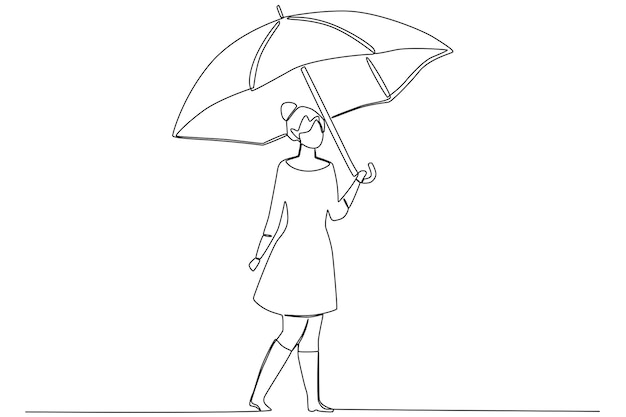 A beautiful young woman in a dress walking on a rainy day one line art