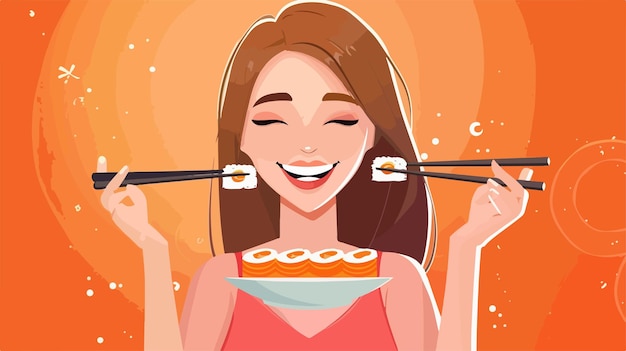 Vector beautiful young woman eating sushi with chopsticks