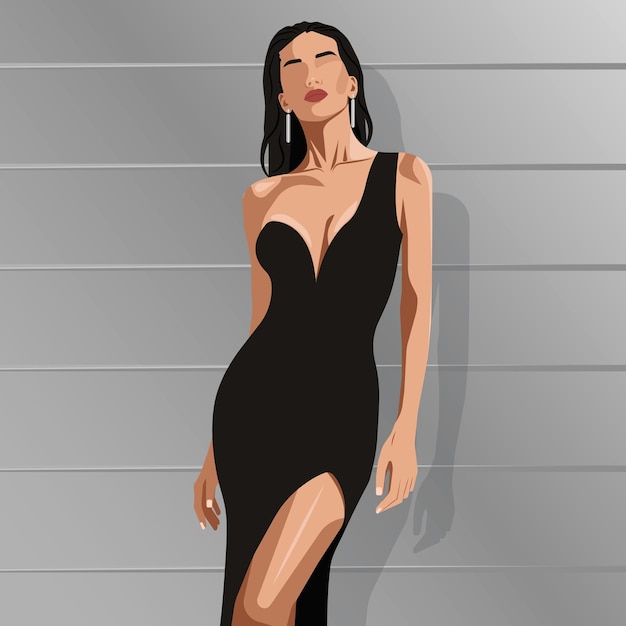 Vector a beautiful young woman in an elegant black dress with a bare shoulder and a slit on the leg