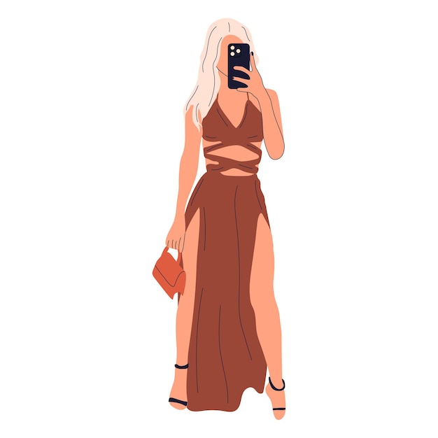 Beautiful young woman in a fashionable dress takes off herself on a smartphone. Hand drawn sketch. 