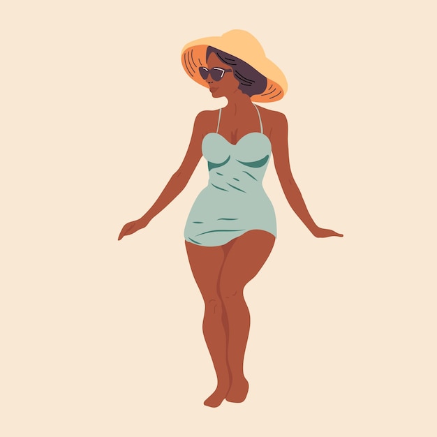 Beautiful young woman in hat Girl in swimsuit is sunbathing under summer sun Flat vector