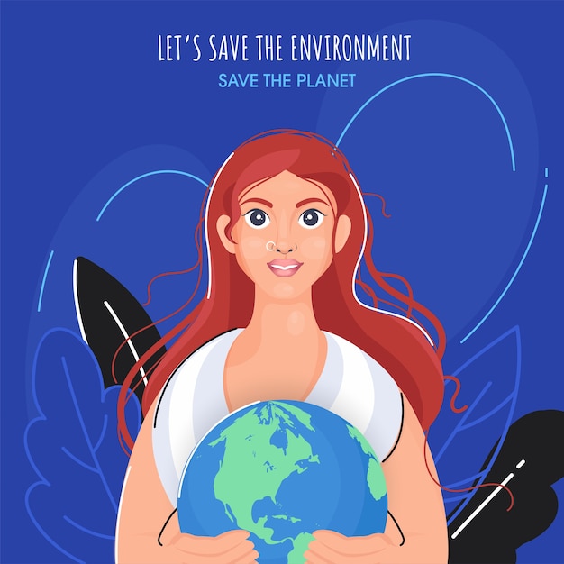 Beautiful Young Woman Holding Earth Globe with Leaves on Blue Background for Save The Environment & Planet Concept.