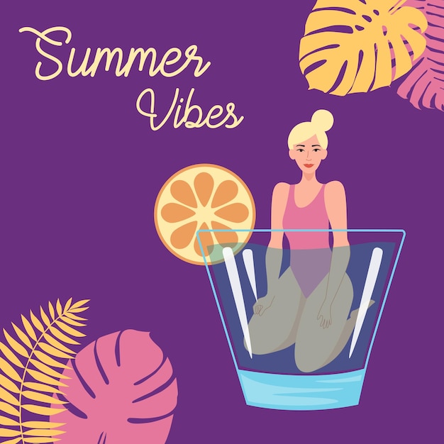 Beautiful young woman is lying in a glass with a cocktail. The concept of summer holidays. Flat cartoon vector illustration.