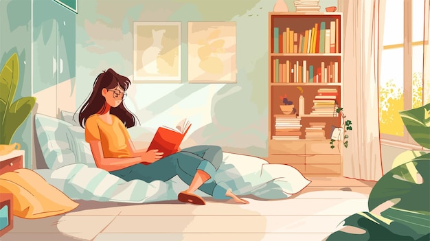 Beautiful Young Woman Reading Book in Bedroom Vector Illustration