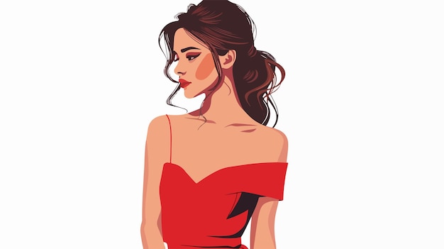 Vector beautiful young woman in red dress with flat style