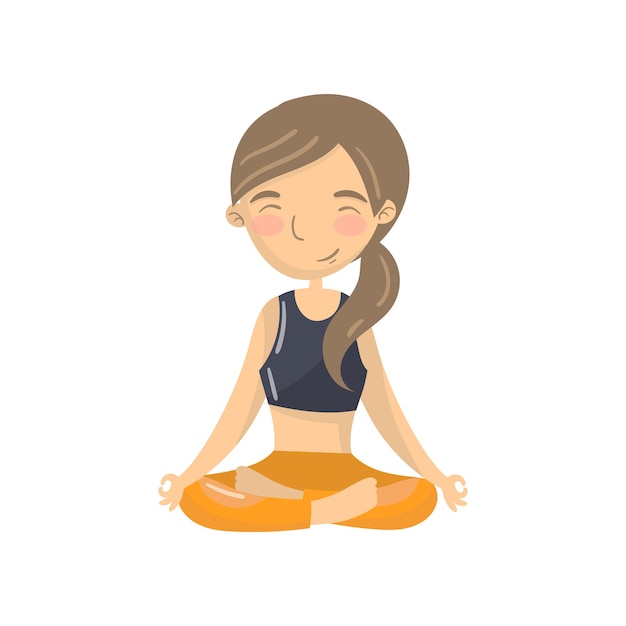 Beautiful young woman sitting in lotus position and meditating teen girl practicing yoga in the padmasana pose cartoon vector Illustration