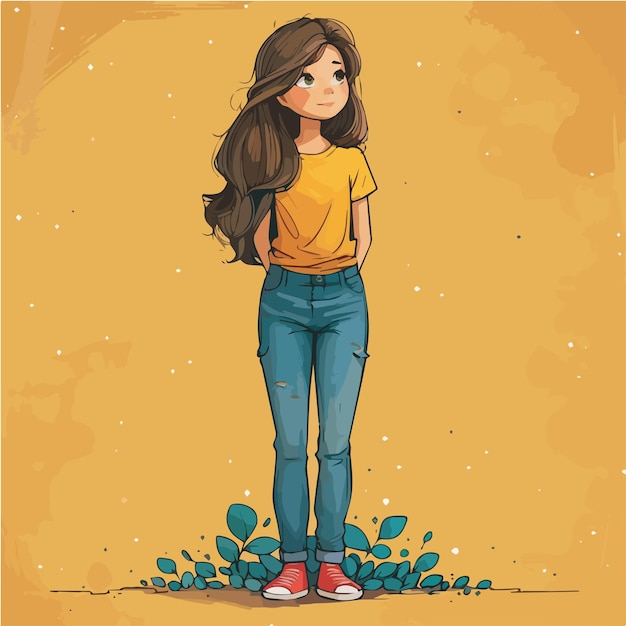 Vector beautiful young woman standing casual outfit yellow background full body portrait modern girl fashion illustration long hair stylish clothing trendy jeans sneakers digital art feminine character