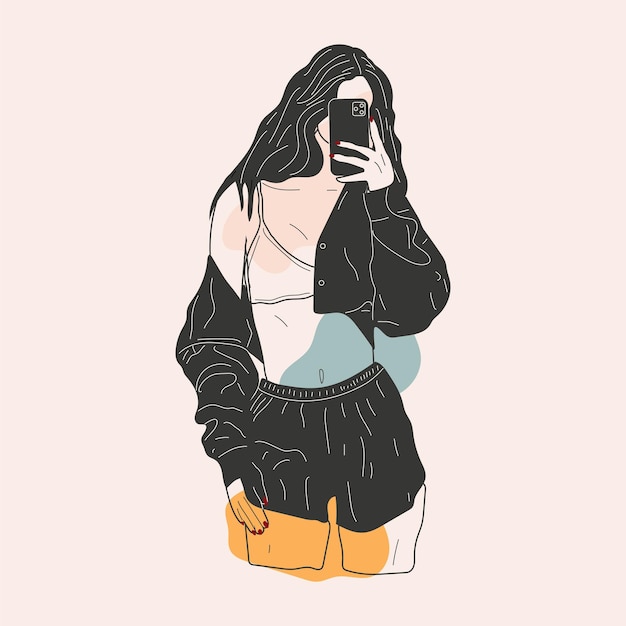 Beautiful young woman takes a selfie in her underwear. and drawn vector illustration.