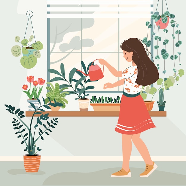 Beautiful young woman watering houseplants in pots Girl caring for indoor home flowers Hobby Vector