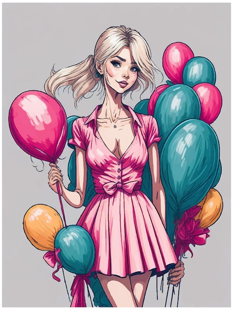 Vector beautiful young woman with colorful birthday balloons stylish cute blonde hair girl in pink dress hand drawn woman in fashion clothes sketch vector illustration