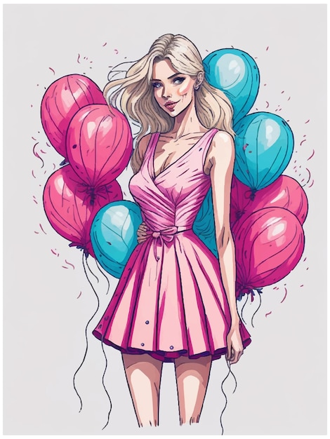 Vector beautiful young woman with colorful birthday balloons stylish cute blonde hair girl in pink dress hand drawn woman in fashion clothes sketch vector illustration