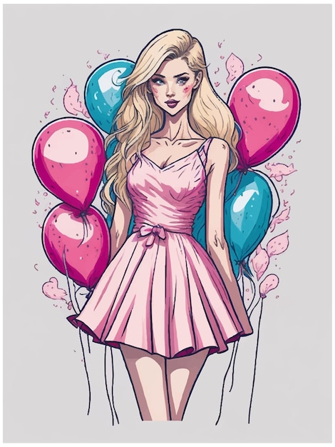 Vector beautiful young woman with colorful birthday balloons stylish cute blonde hair girl in pink dress hand drawn woman in fashion clothes sketch vector illustration