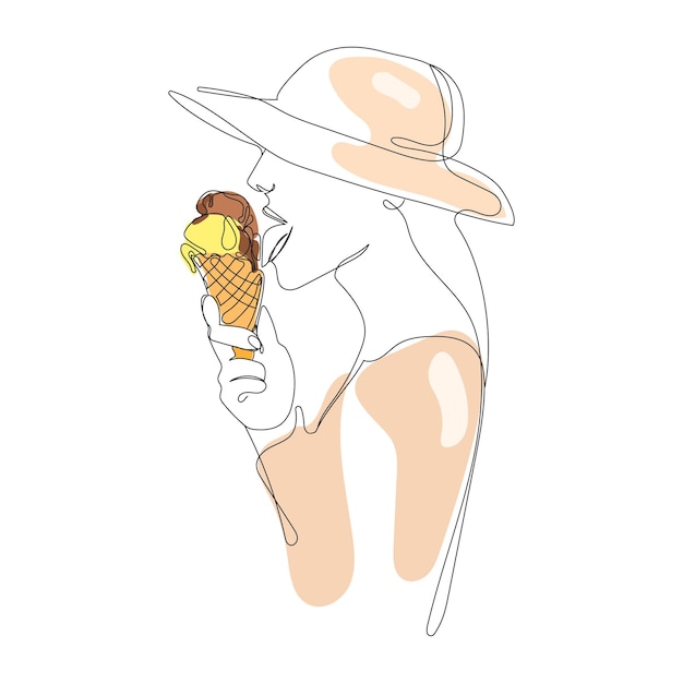 Beautiful young woman with ice cream,Liner drawing minimal art vector.Girl eating ice cream cone