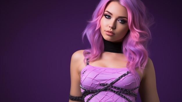 Vector beautiful young woman with pink hair and purple dress on a purple background