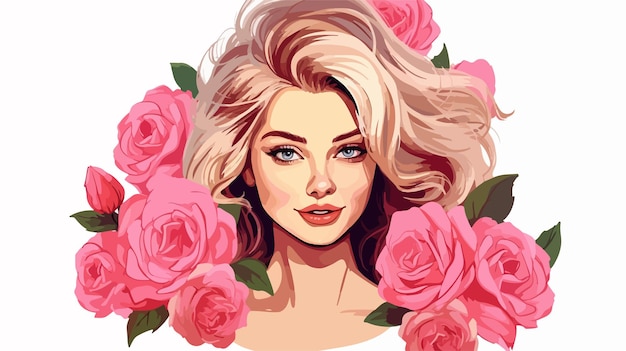 Vector beautiful and young woman with roses cartoon vector illustration