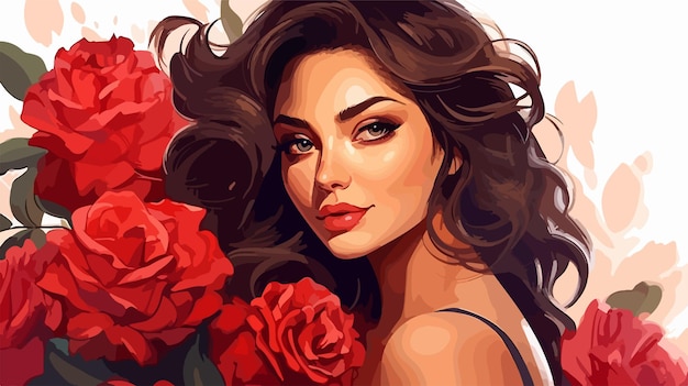 Vector beautiful and young woman with roses cartoon vector illustration