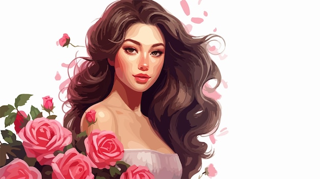 Vector beautiful and young woman with roses cartoon vector illustration