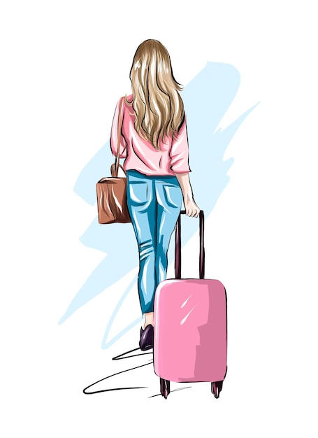 Beautiful young woman with suitcase Stylish girl travels colored drawing realistic