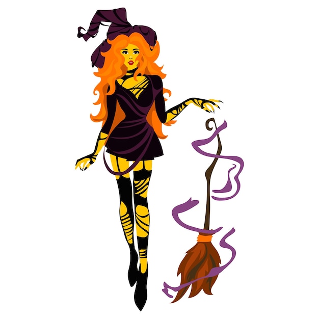 beautiful young yellow witch with magic skills a flying broom in the air Halloween costume concept