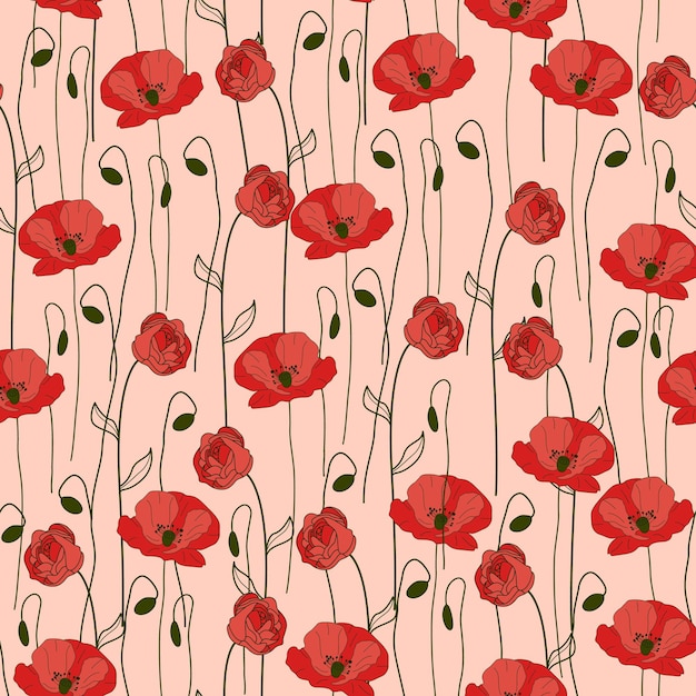 Beautifull wild poppy flowers fabric pattern design Seamless pattern with spring flowers and leaves