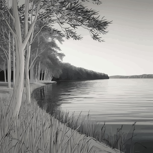 A beautifully detailed black and white flat sketch of a tranquil lakeside landscape