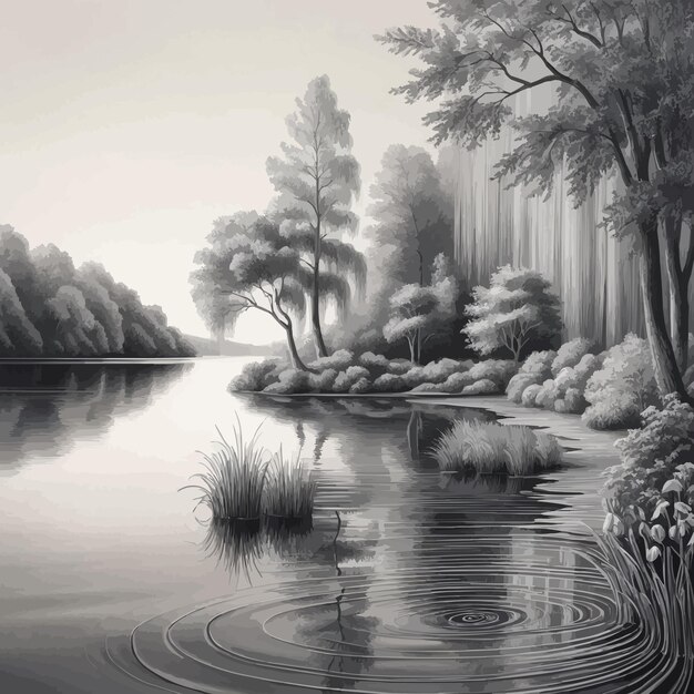 Vector a beautifully detailed black and white flat sketch of a tranquil lakeside landscape