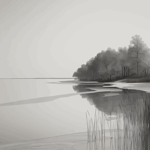 Vector a beautifully detailed black and white flat sketch of a tranquil lakeside landscape