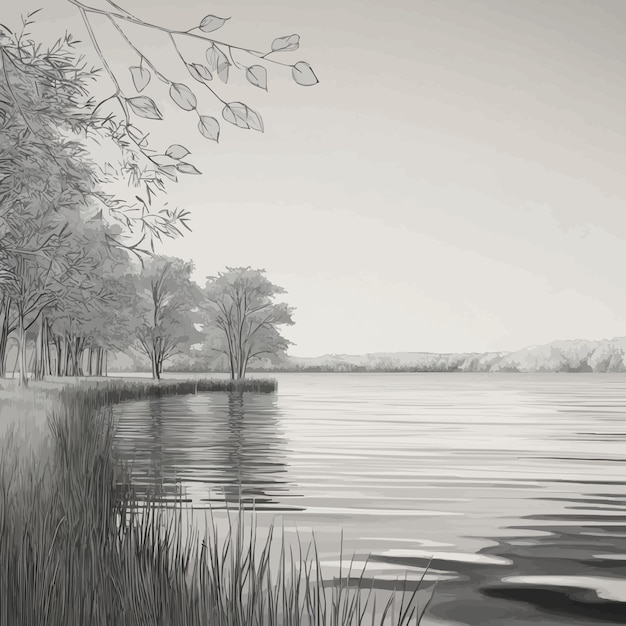 Vector a beautifully detailed black and white flat sketch of a tranquil lakeside landscape