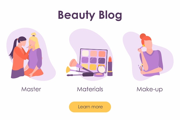 Beauty blog banner with female characters and cosmetics products Landing page with makeup