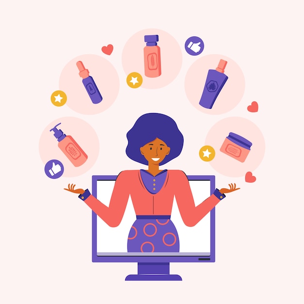 Beauty blogger advertises natural herbal cosmetics over the Internet. Online video blog broadcast. Woman talks about cosmetics and skin care using social networks. Feedback.  flat illustration.