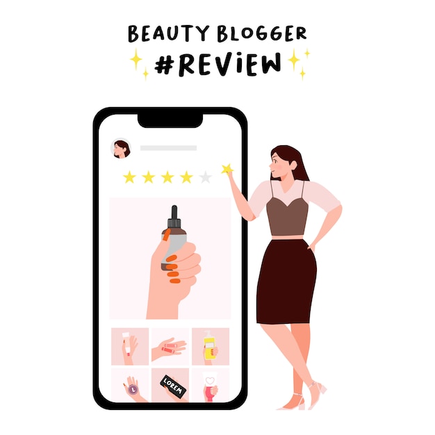 Beauty blogger concept. Woman give Five stars skim care and make up beauty products rating review illustration